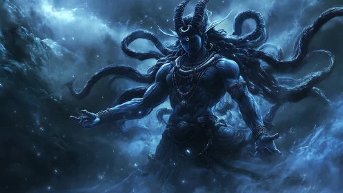 Horned blue humanoid figure amid swirling luminous mist.