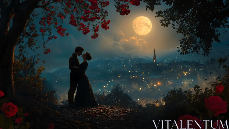 Moonlit Embrace Over Historic Cityscape with Rose Garden.