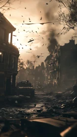 War-torn urban street rendered with high-contrast debris motion