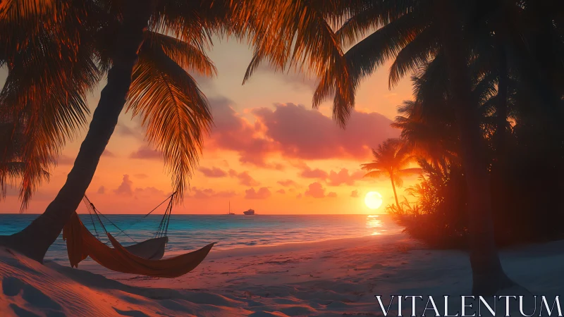 Tropical beach sunset with palm trees and quiet hammock.