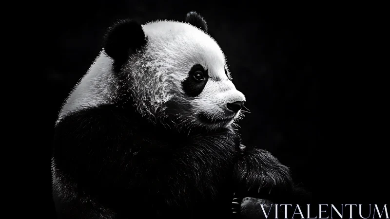 Panda in thoughtful profile against deep black background.