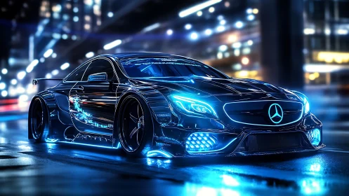 Neon blue street racer gliding through a glowing night city.