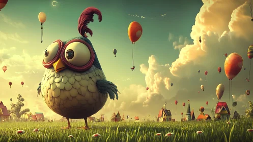Whimsical Owl Surveys Hot Air Balloon Sky Kingdom.