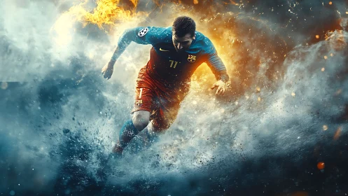 Football player sprinting through smoke and fire effects.