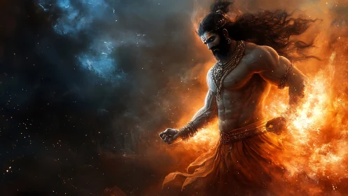 Mythic fire warrior strides through swirling cosmic flames