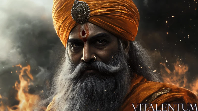 Emberlit mystic elder wrapped in glowing saffron calm.