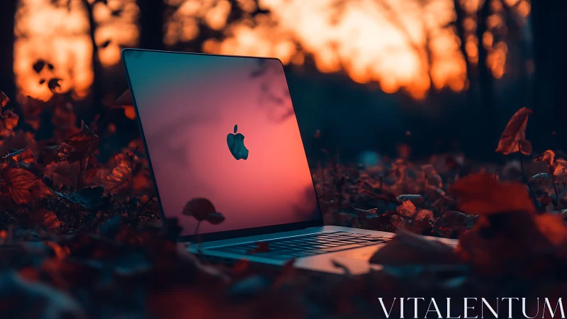 Laptop with reflective screen in autumn forest bokeh light.