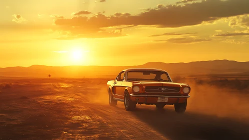 Photorealistic sunset muscle car on dusty desert highway.