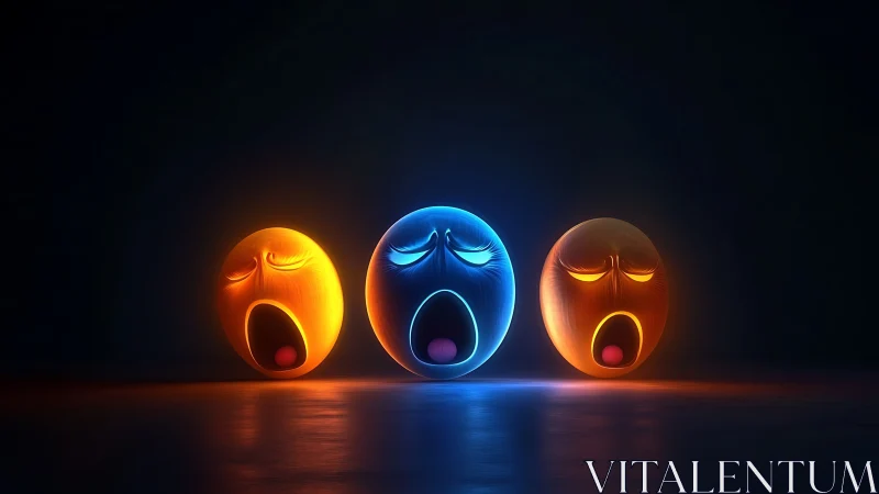 Three illuminated spherical faces in dark environment.
