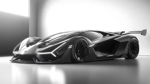 Futuristic black hypercar gleams in minimalist white studio.