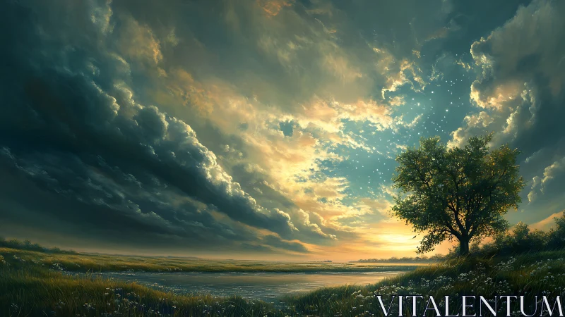 Luminous sunset sky over solitary riverside tree landscape.