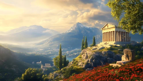 Sunlit Greek temple overlooks vast alpine valley landscape