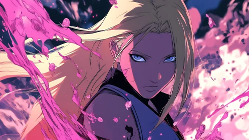 Anime warrior with pink energy splash and intense stare.