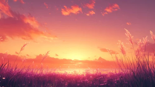 Sunset illuminates coastal grassland under stratified clouds