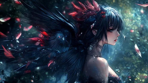 Dark-winged anime maiden amid swirling crimson feathers.