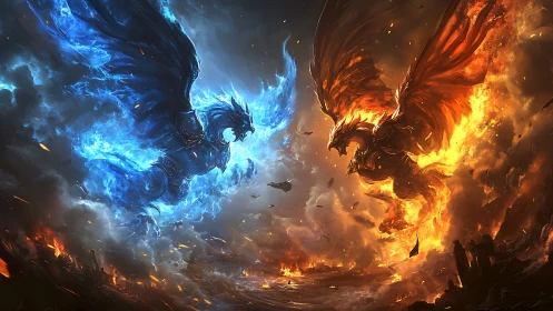 Twin elemental phoenixes clash in a turbulent burning sky