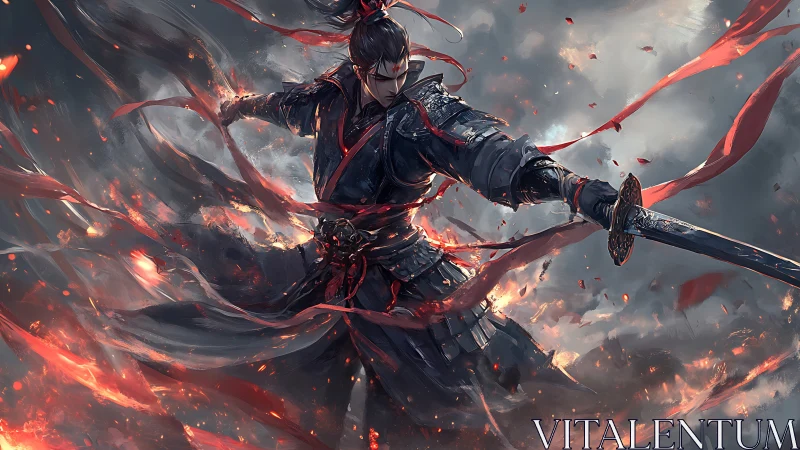 Warrior in dark armor slashing through swirling firestorm.