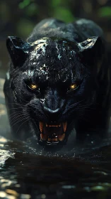 Fierce Black Panther with Golden Eyes Hisses.