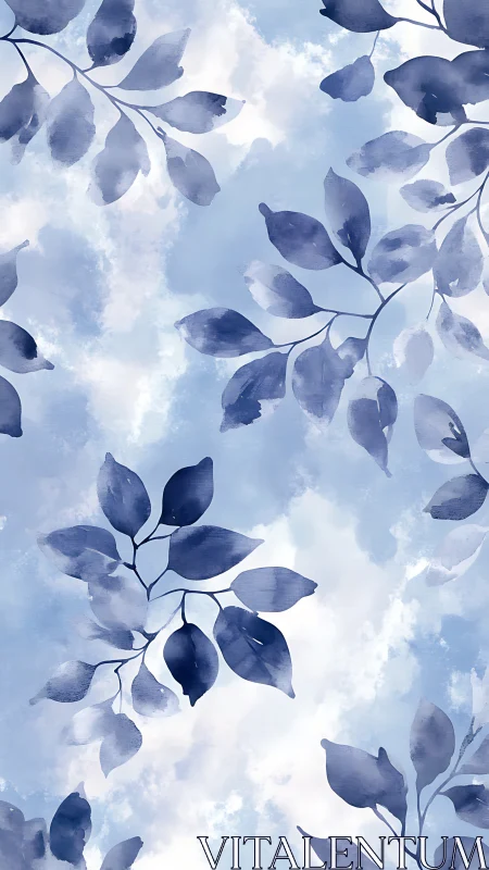 Soft blue watercolor leaves drift peacefully across sky