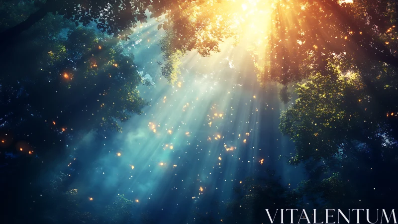Sunbeams through dense forest canopy with suspended particles.