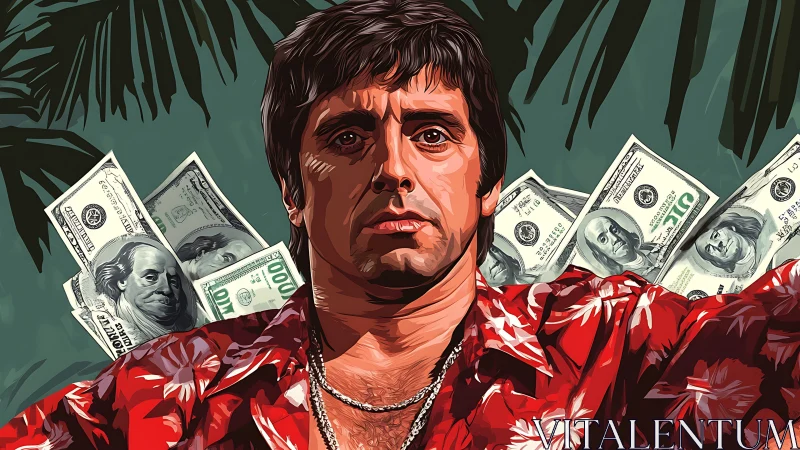 Tropical kingpin glare amid palm shadows and flying dollars.