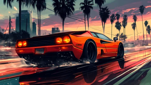 Neon sunset supercar sprinting through mirrored rain streets.