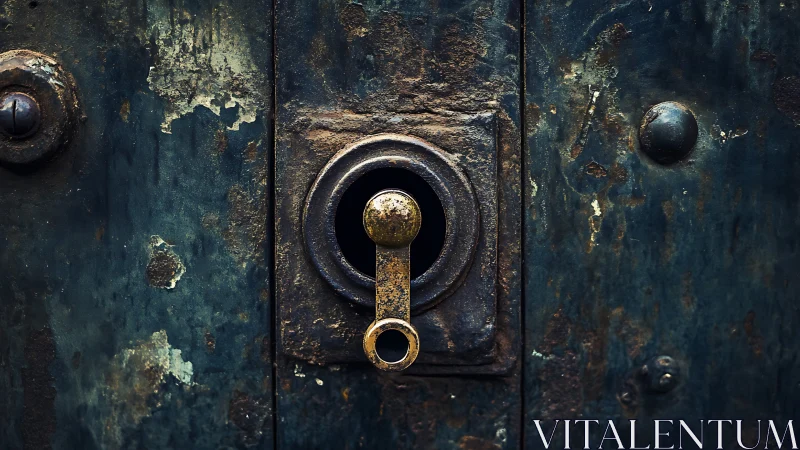 Rust-scarred iron lockplate guarding forgotten metal secrets.