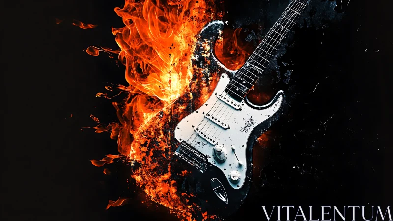 Electric guitar silhouette intersects controlled flame plume