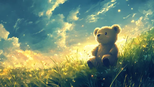 Sunlit teddy bear rests in a glowing meadow of dreams.