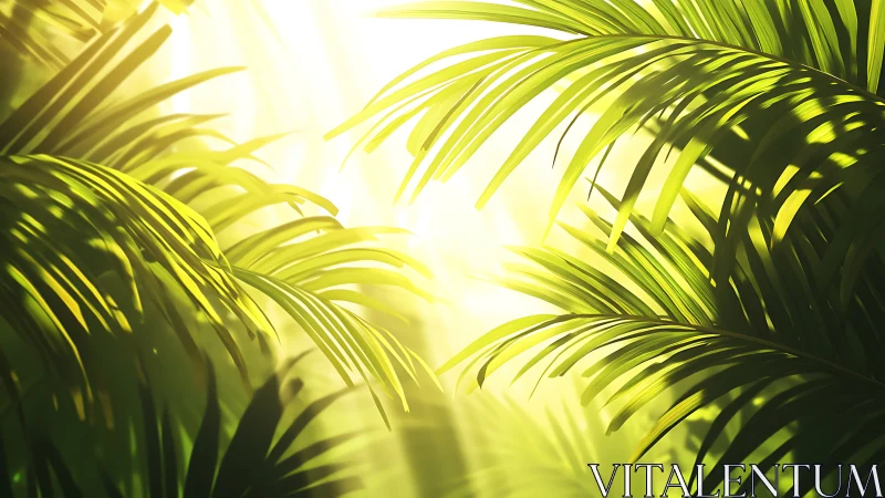 Sunlit palm fronds form overlapping layers in soft focus