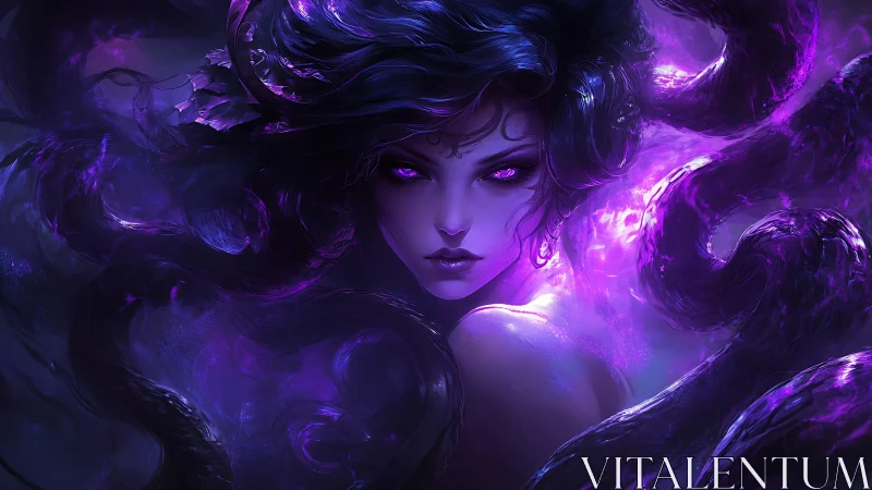 Digital painting portrait of cosmic sorceress in violet aura.