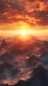 Volumetric-lit mountain range under high-saturation orange sunset