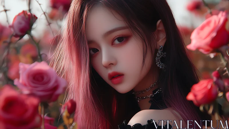 Digital portrait of young woman among pink roses outdoors.