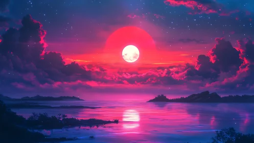 Neon-toned coastal landscape under large setting sun.