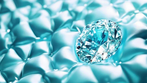 Brilliant diamond resting on glossy aqua cushion, modern luxury style.