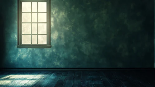 Single window illuminates empty teal wall and dark floor