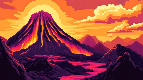 High-contrast vector volcano erupts with stylized lava gradients