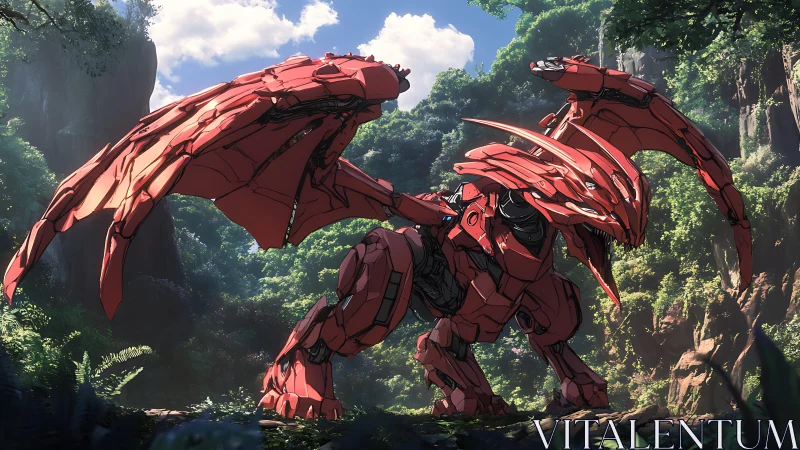 Red mechanical dragon in dense tropical canyon environment.