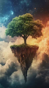 Floating celestial tree on a drifting sky island panorama.