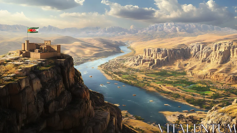Fortress on desert escarpment above fertile river valley panorama.