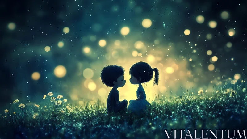 Two Children Silhouettes in Glowing Field at Night.
