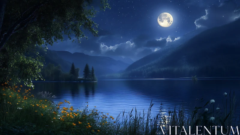 Moonlit lake with mountains, trees, and shoreline flowers.