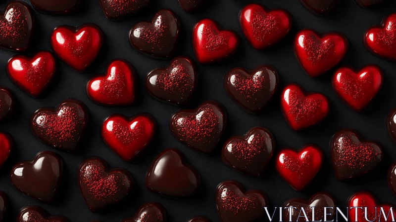 Rendered Heart-Shaped Objects with Metallic Surface Finish and Prismatic Red Glitter Coating