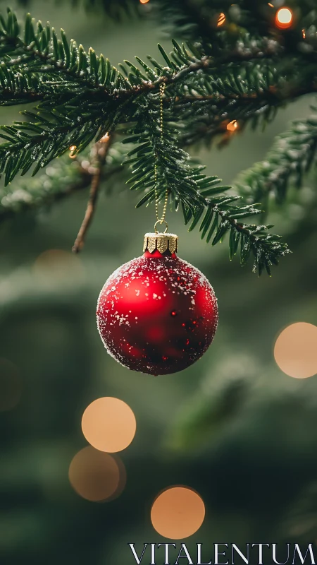 Red ornament hangs from evergreen branch with soft bokeh lights