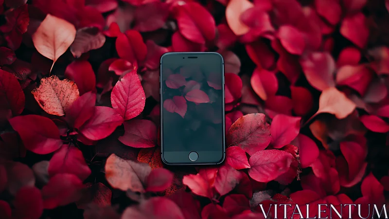 Smartphone resting on crimson foliage captures reflective symmetry