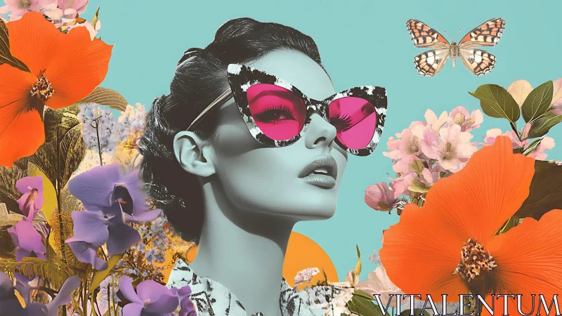 Monochrome muse framed by neon florals and retro butterflies.
