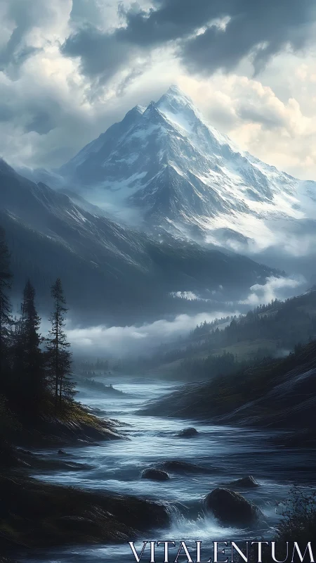 Snowcapped mountain towers over misty valley river at dusk