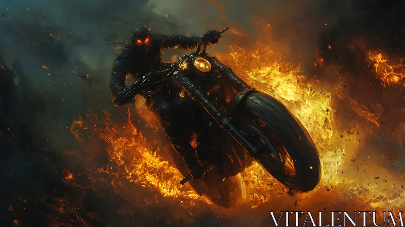 Flaming midnight rider bursting through a storm of fire.