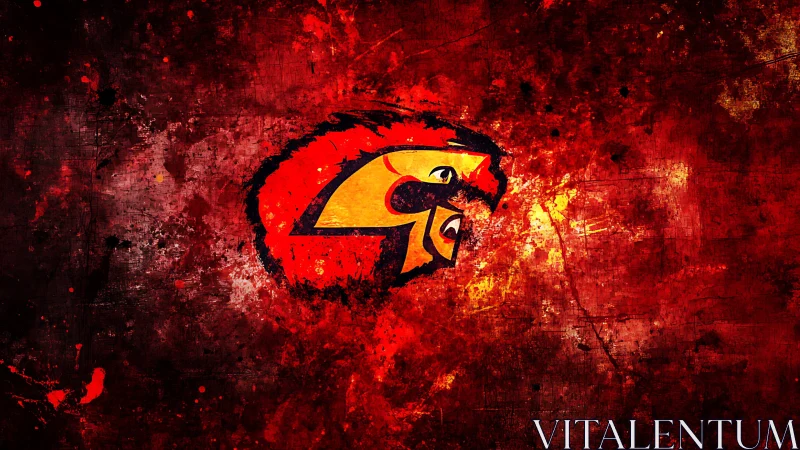 Abstract red background with stylized angular eye emblem.