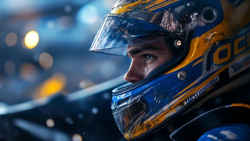 Racing driver close-up captures intense focus through visor